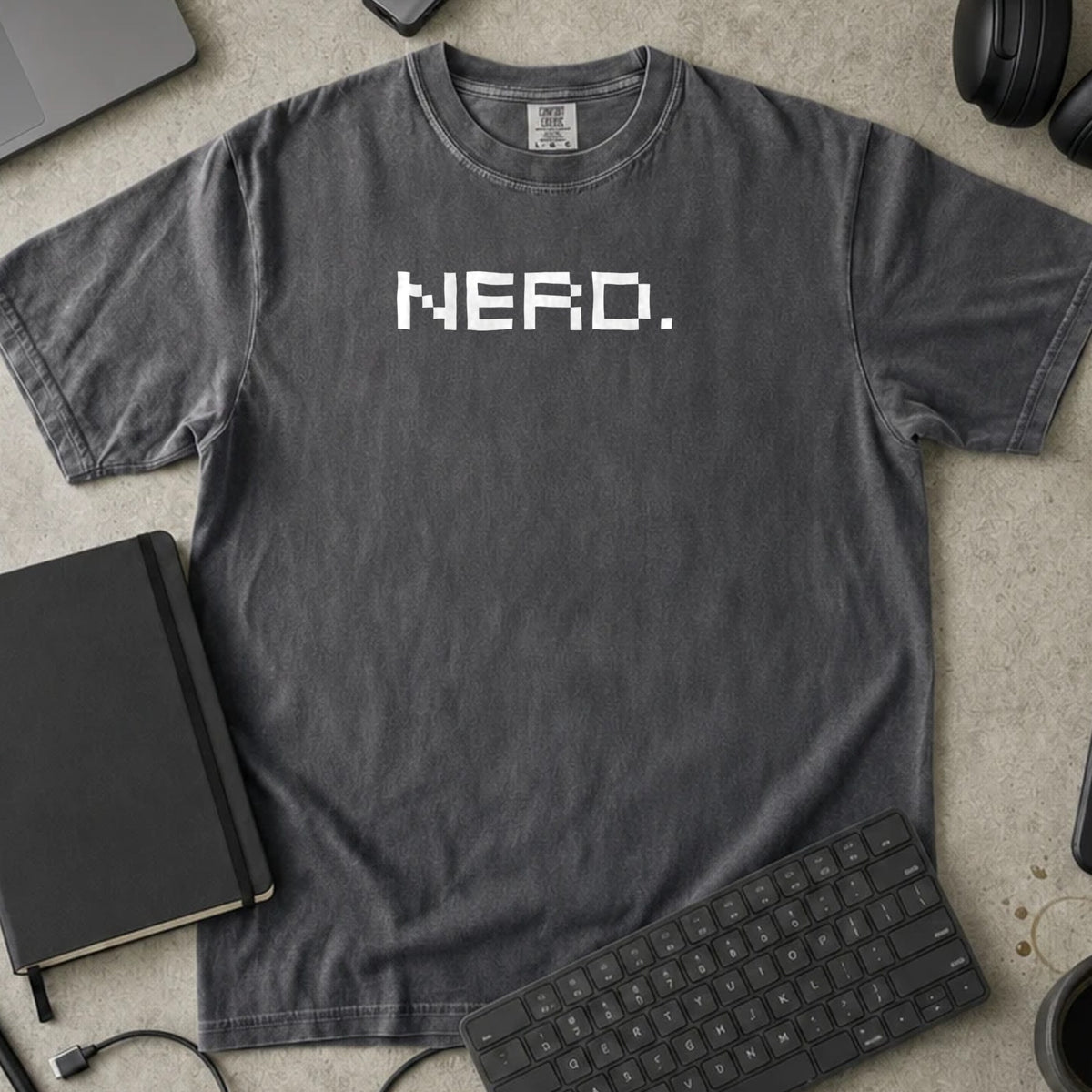 Nerd Pixel Shirt in Pepper, Comfort Colors 1717 tee flat lay