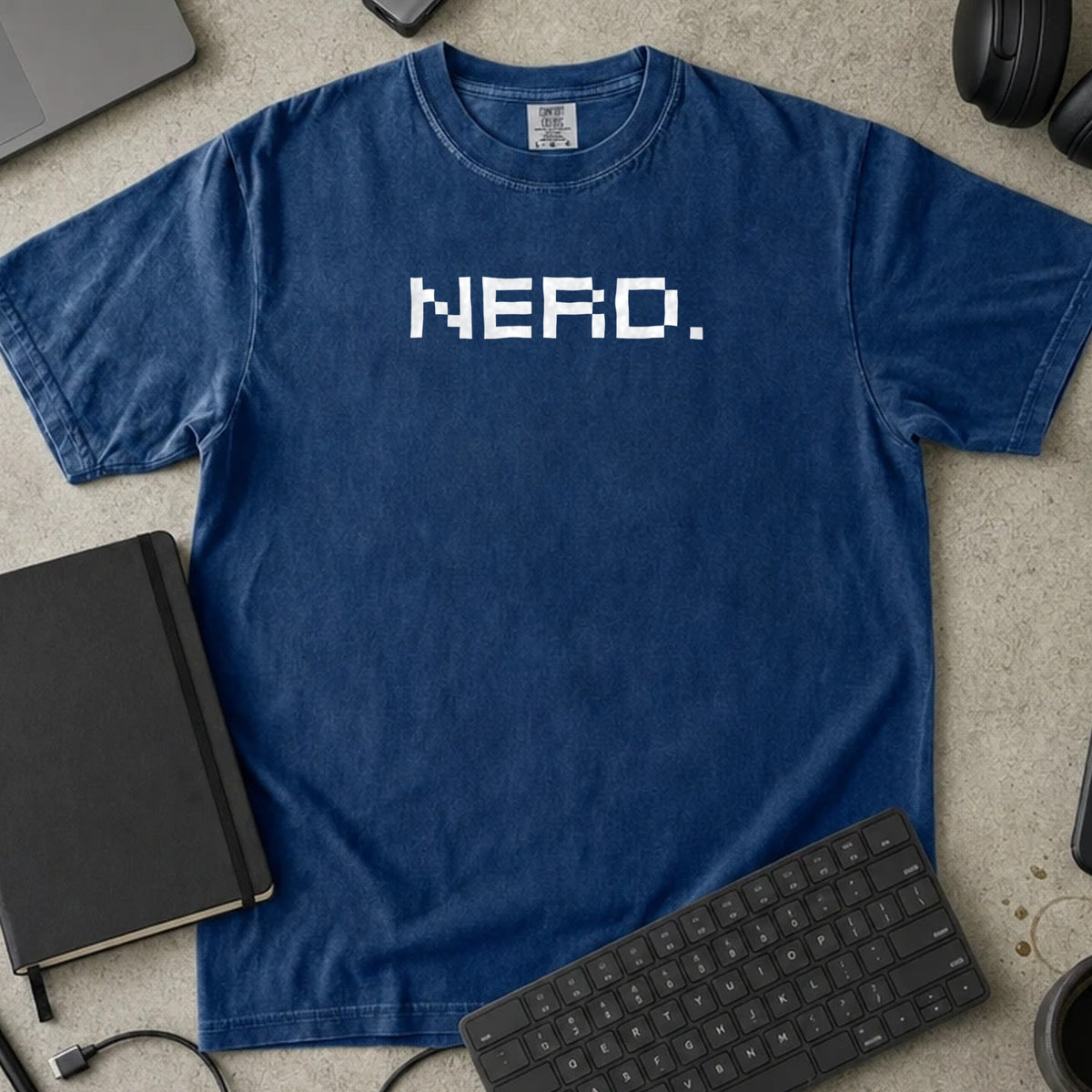 Nerd Pixel Shirt in True Navy, Comfort Colors 1717 tee flat lay