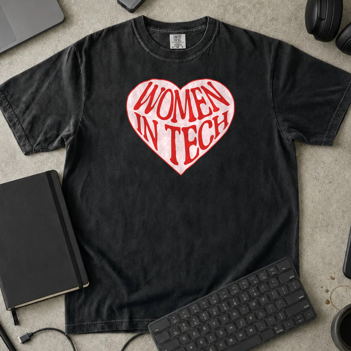 Women in Tech Heart Shirt in Black, Comfort Colors 1717 tee flat lay
