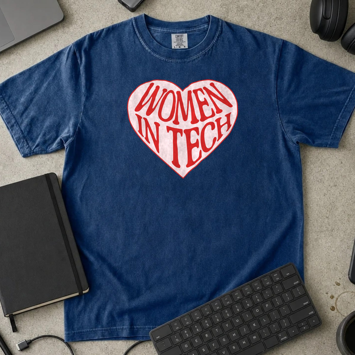 Women in Tech Heart Shirt in True Navy, Comfort Colors 1717 tee flat lay