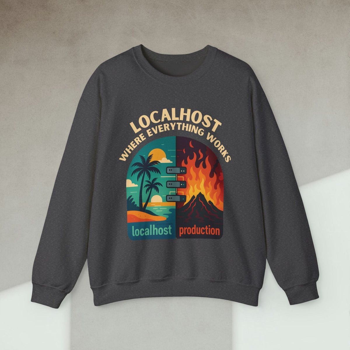 Code Culture localhost vs production sweatshirt funny programmer Sweatshirt in S — Code Culture developer clothing