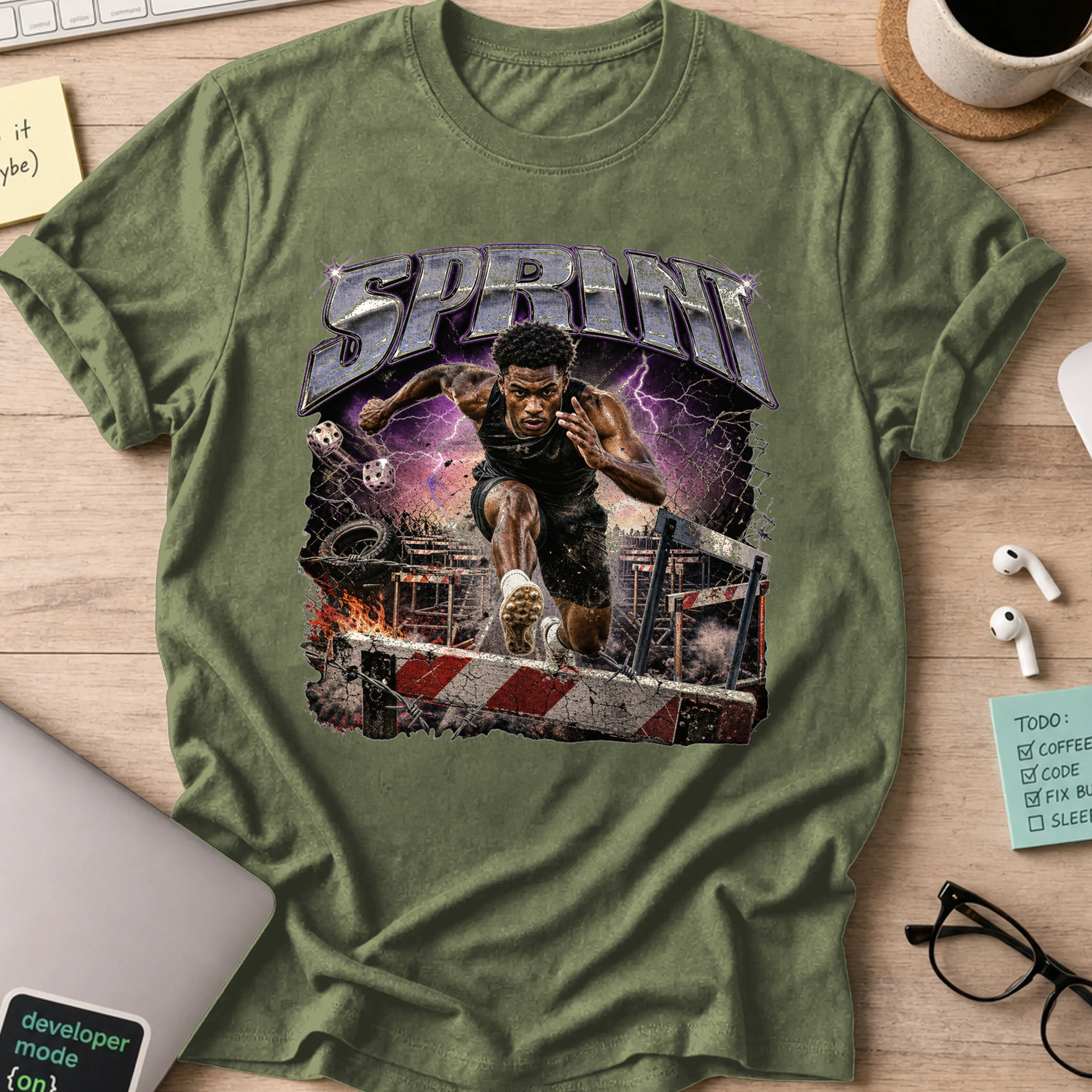 Sprint Grit Sports Shirt — Military Green storefront mockup