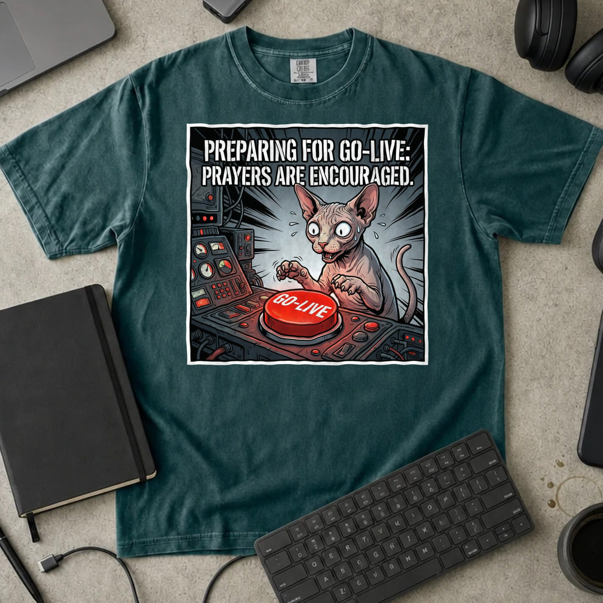 Preparing for Go-Live Prayers Encouraged Shirt in Blue Spruce, Comfort Colors 1717 tee flat lay