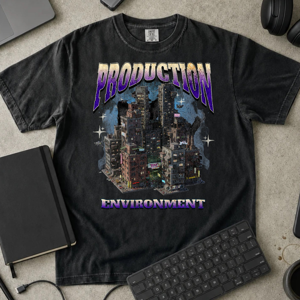 Production Environment Shirt in Black, Comfort Colors 1717 tee flat lay