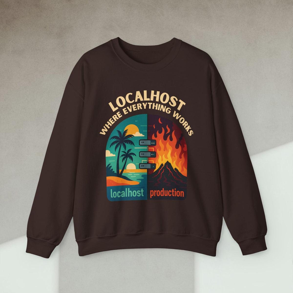 Code Culture localhost vs production sweatshirt funny programmer Sweatshirt in S — Code Culture developer clothing