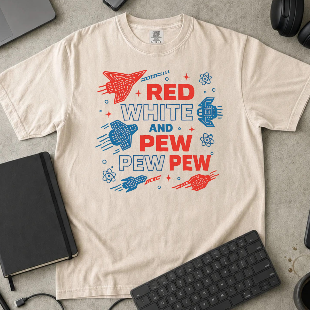 Red White and Pew Pew Pew Shirt in Ivory, Comfort Colors 1717 tee flat lay