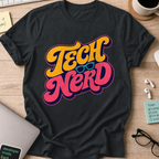 Tech Nerd Retro Typography Shirt — Black storefront mockup