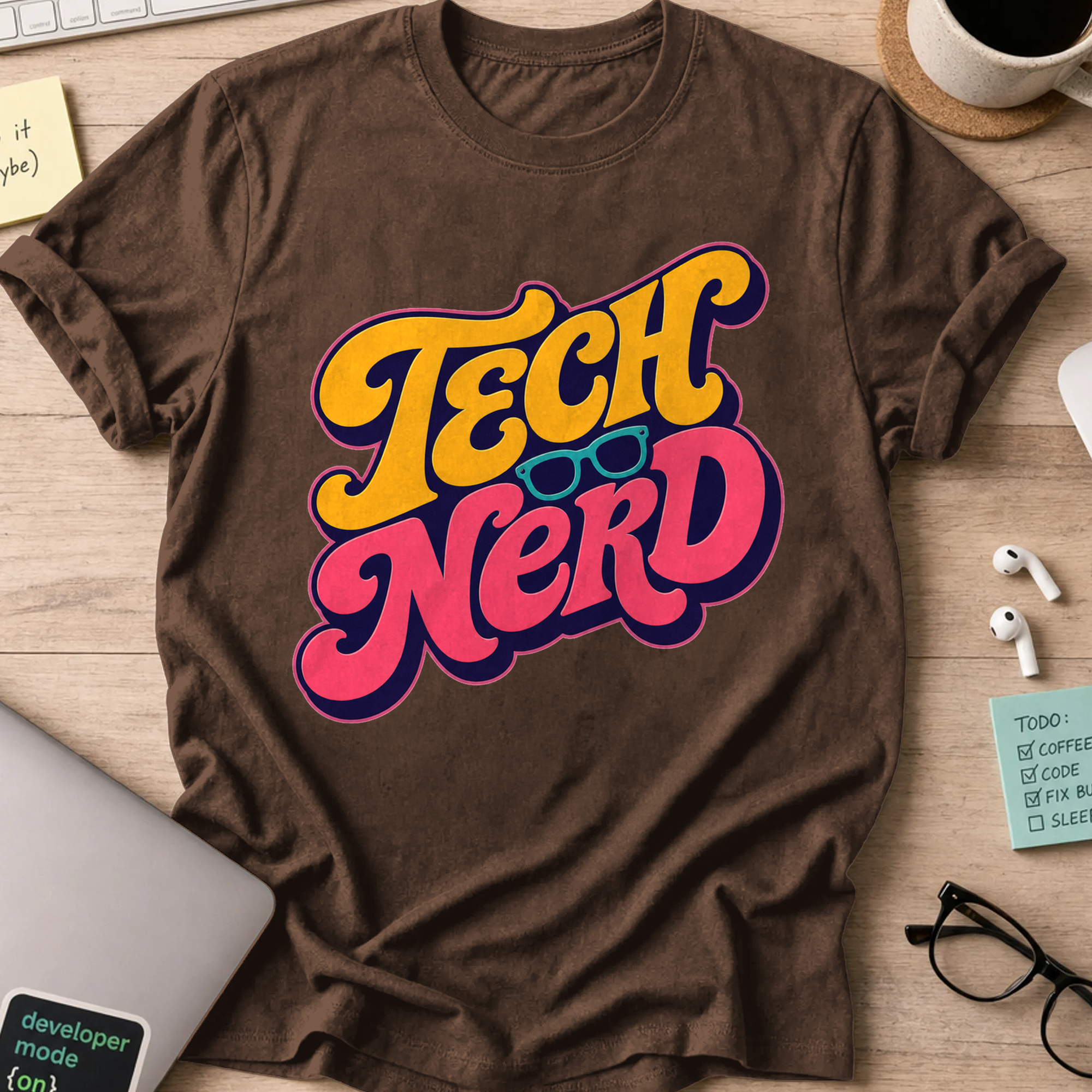 Tech Nerd Retro Typography Shirt — Dark Chocolate storefront mockup