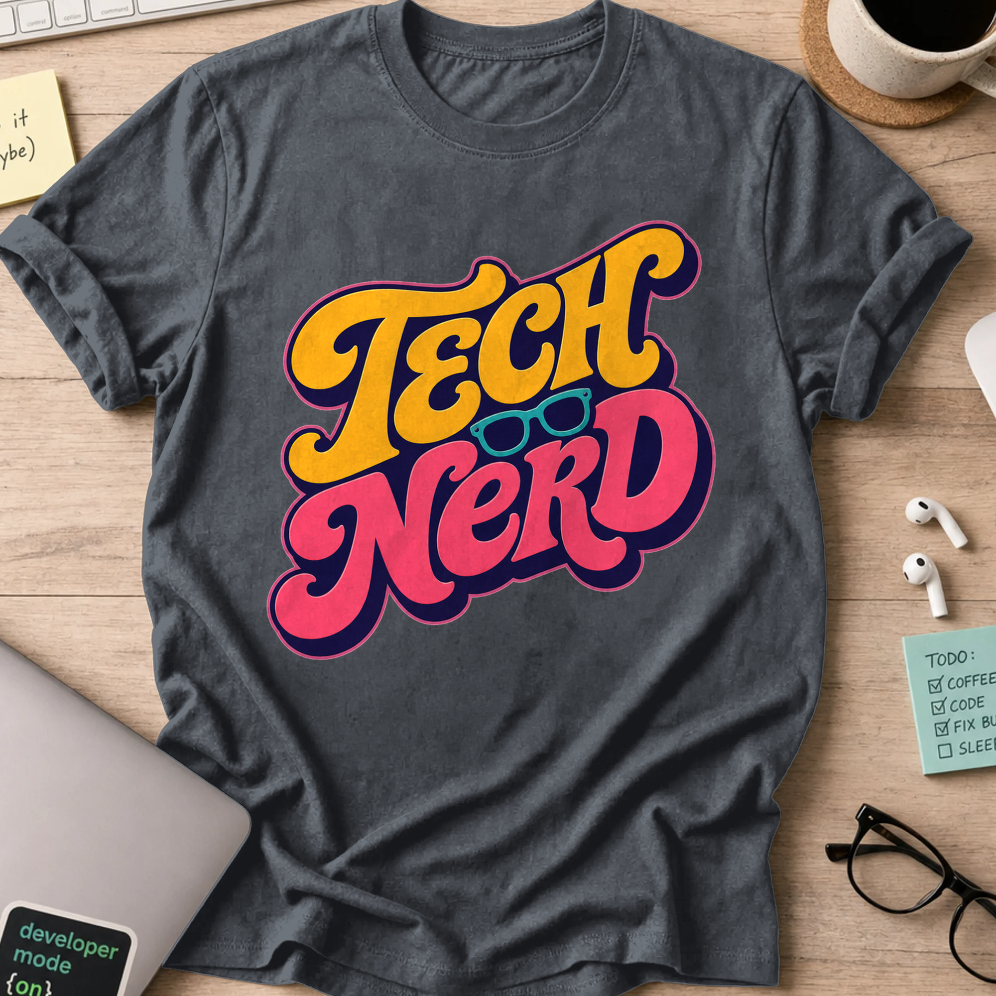 Tech Nerd Retro Typography Shirt — Dark Heather storefront mockup