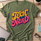 Tech Nerd Retro Typography Shirt — Military Green storefront mockup