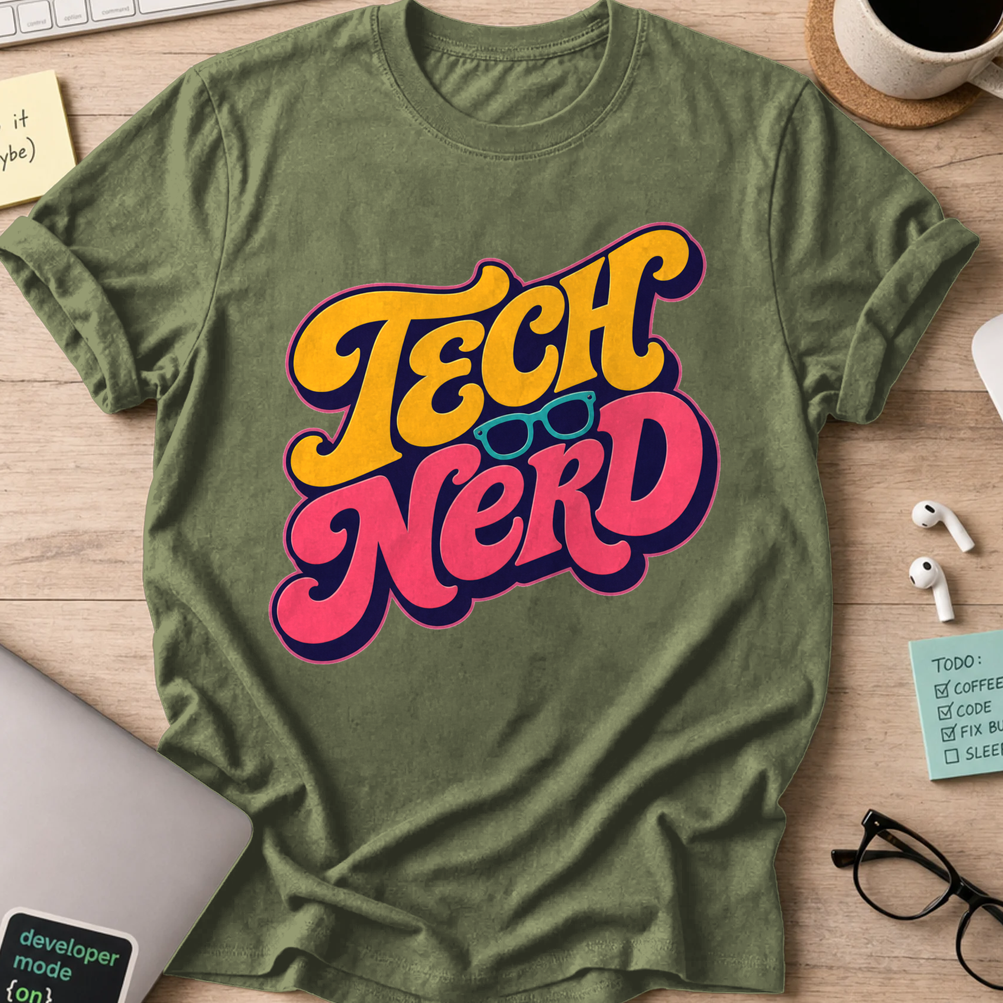 Tech Nerd Retro Typography Shirt — Military Green storefront mockup