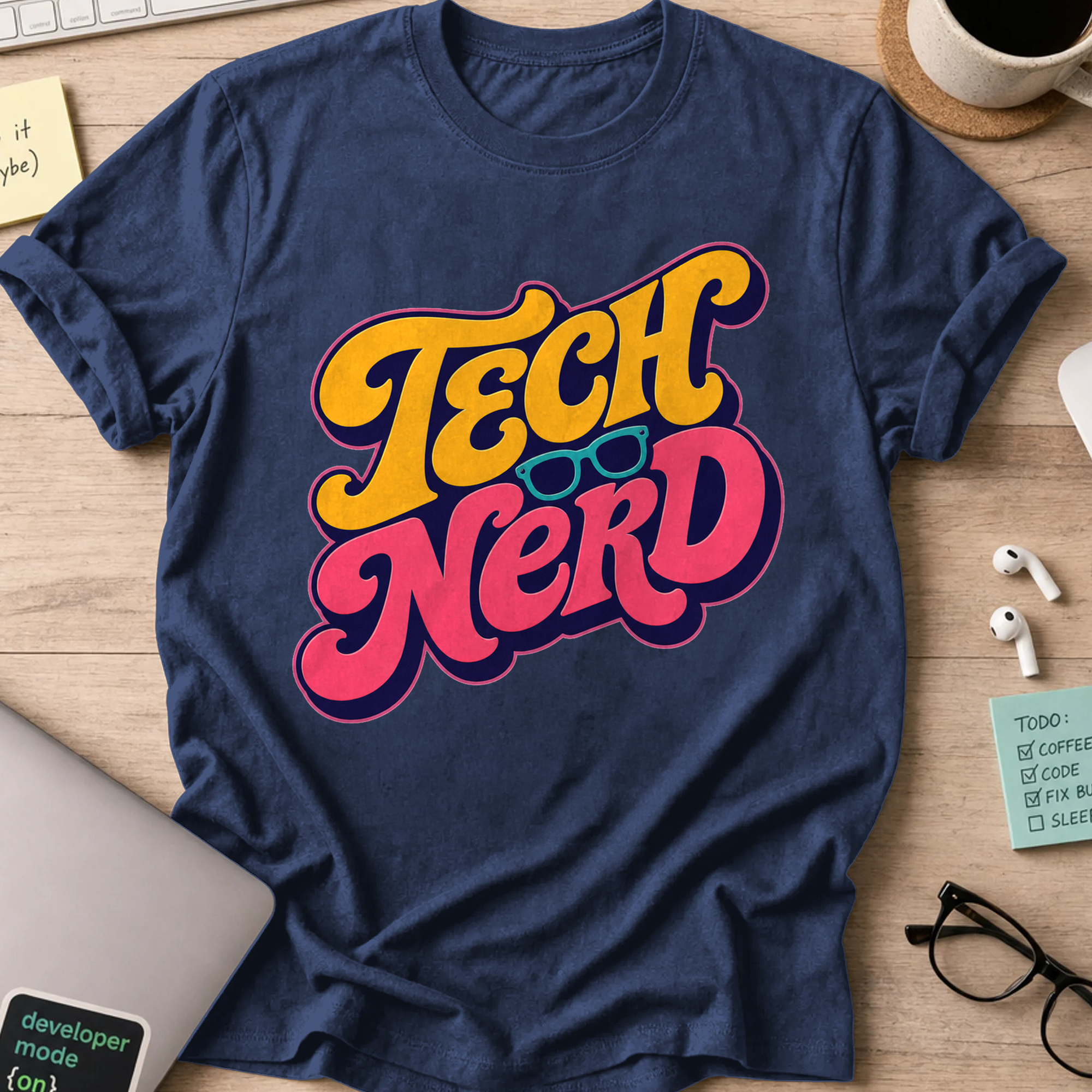 Tech Nerd Retro Typography Shirt — Navy storefront mockup