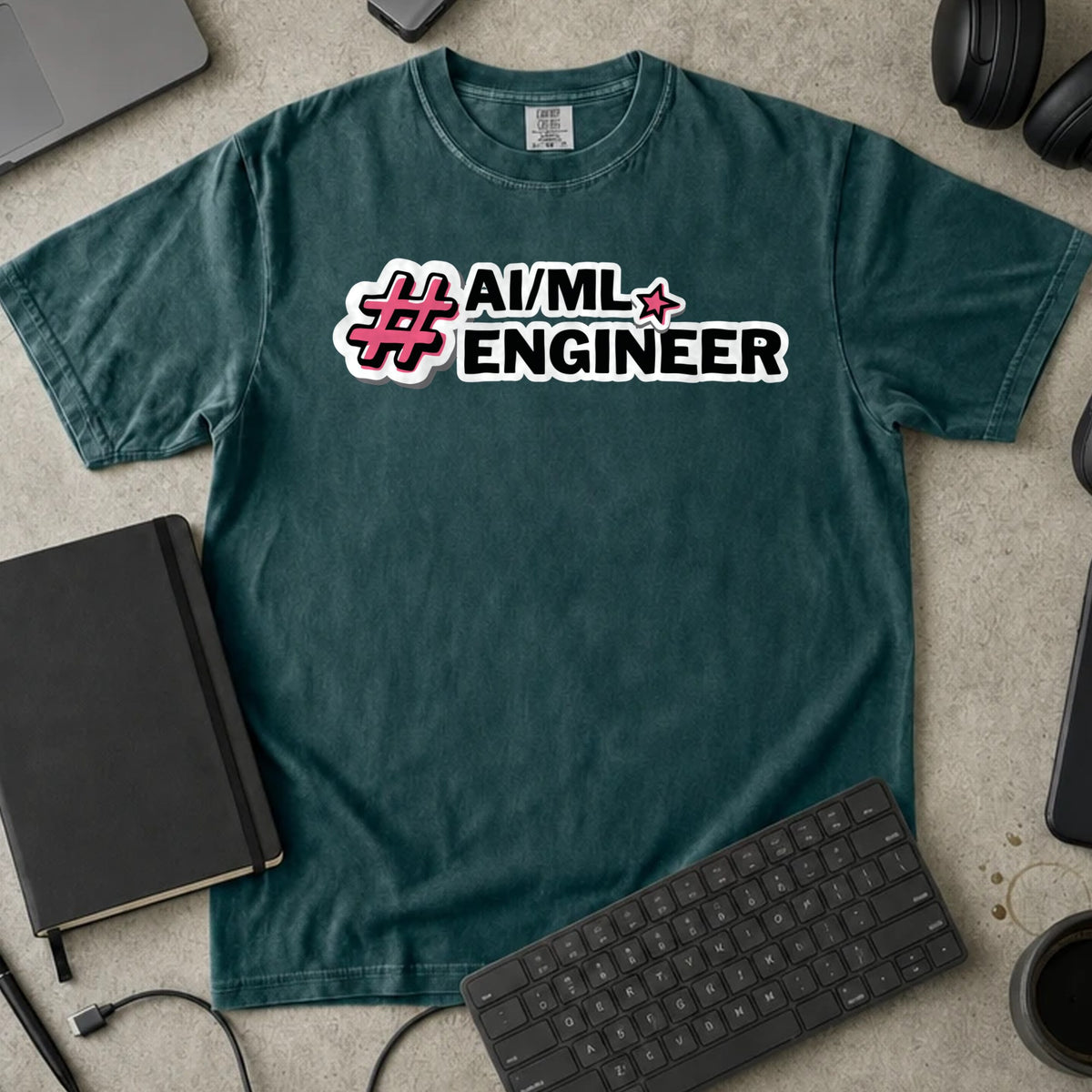 AI ML Engineer Hashtag Shirt in Blue Spruce, Comfort Colors 1717 tee flat lay