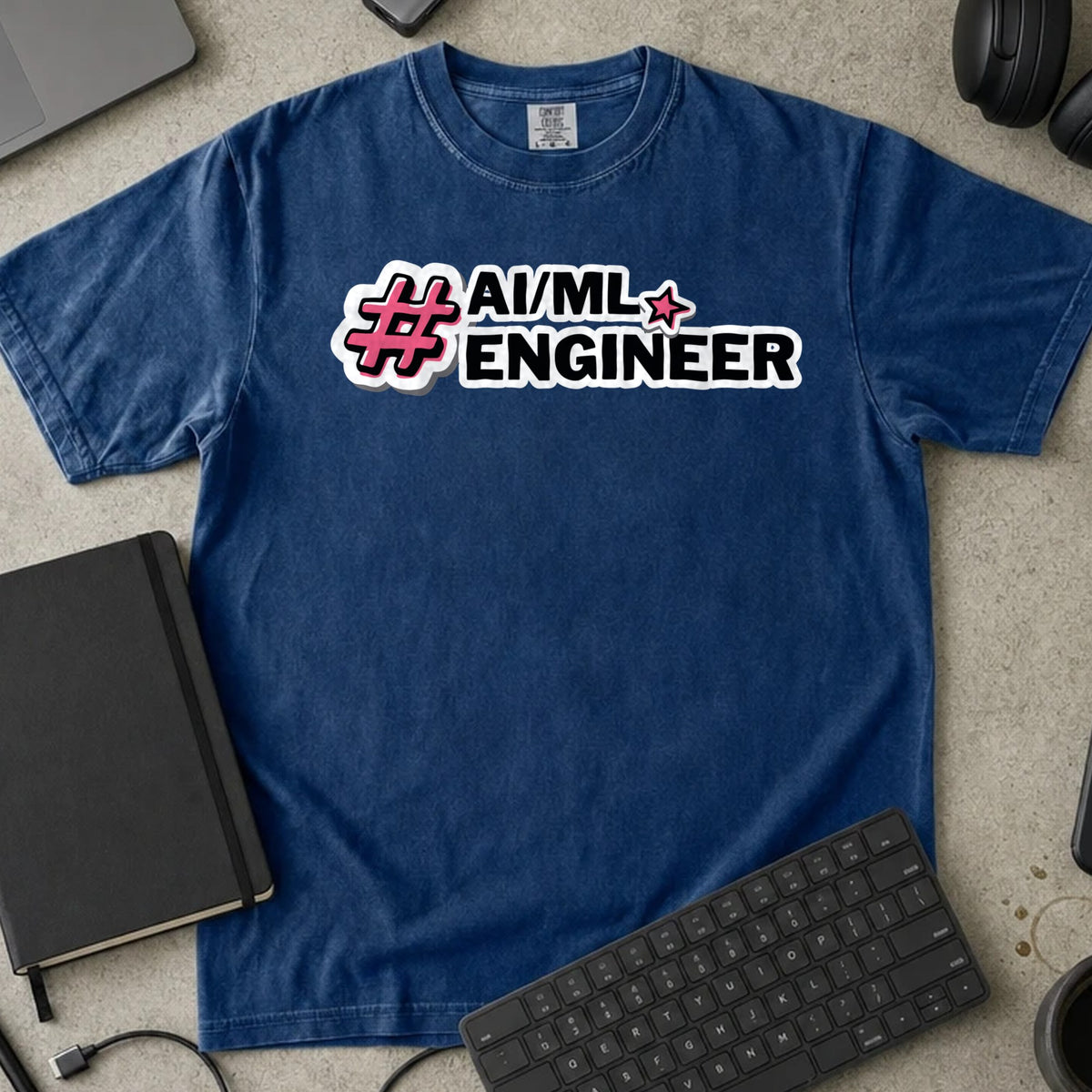 AI ML Engineer Hashtag Shirt in True Navy, Comfort Colors 1717 tee flat lay