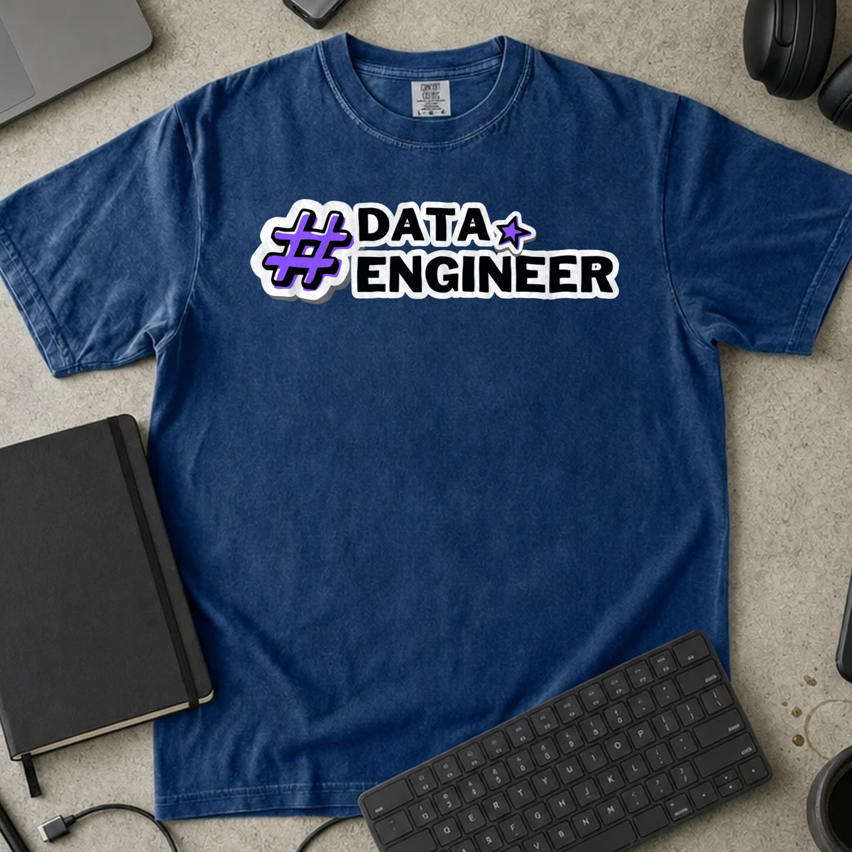 Data Engineer Hashtag Shirt in True Navy, Comfort Colors 1717 tee flat lay