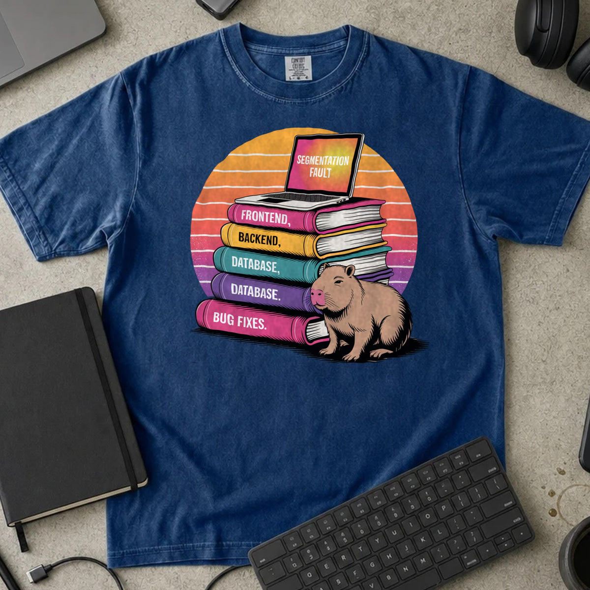 Segmentation Fault Capybara Shirt in True Navy, Comfort Colors 1717 tee flat lay