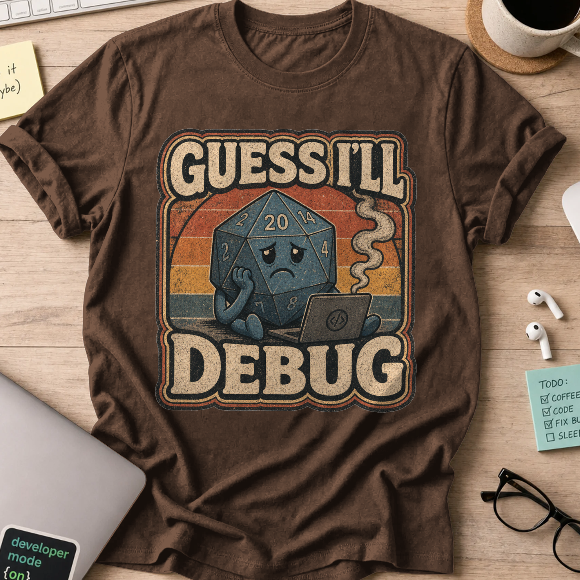 Guess I'll Debug Vintage Gamer Shirt — Dark Chocolate storefront mockup