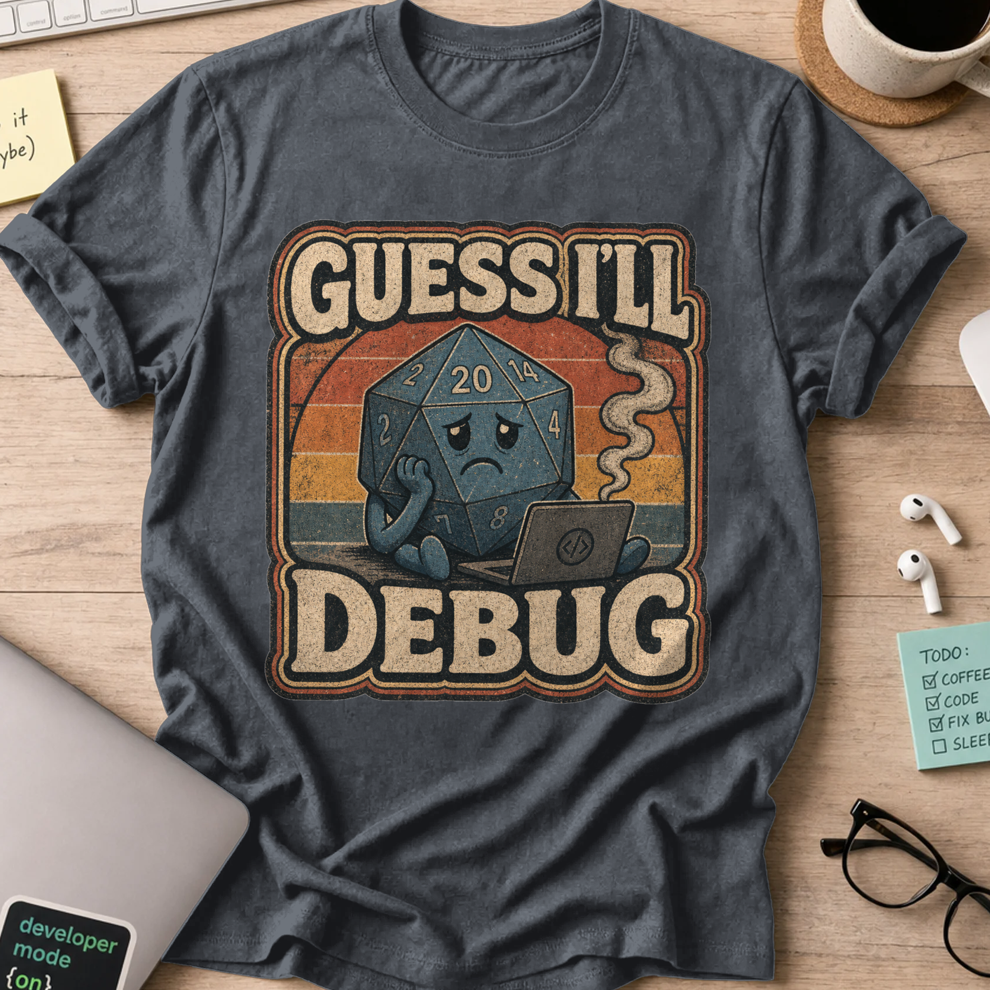 Guess I'll Debug Vintage Gamer Shirt — Dark Heather storefront mockup