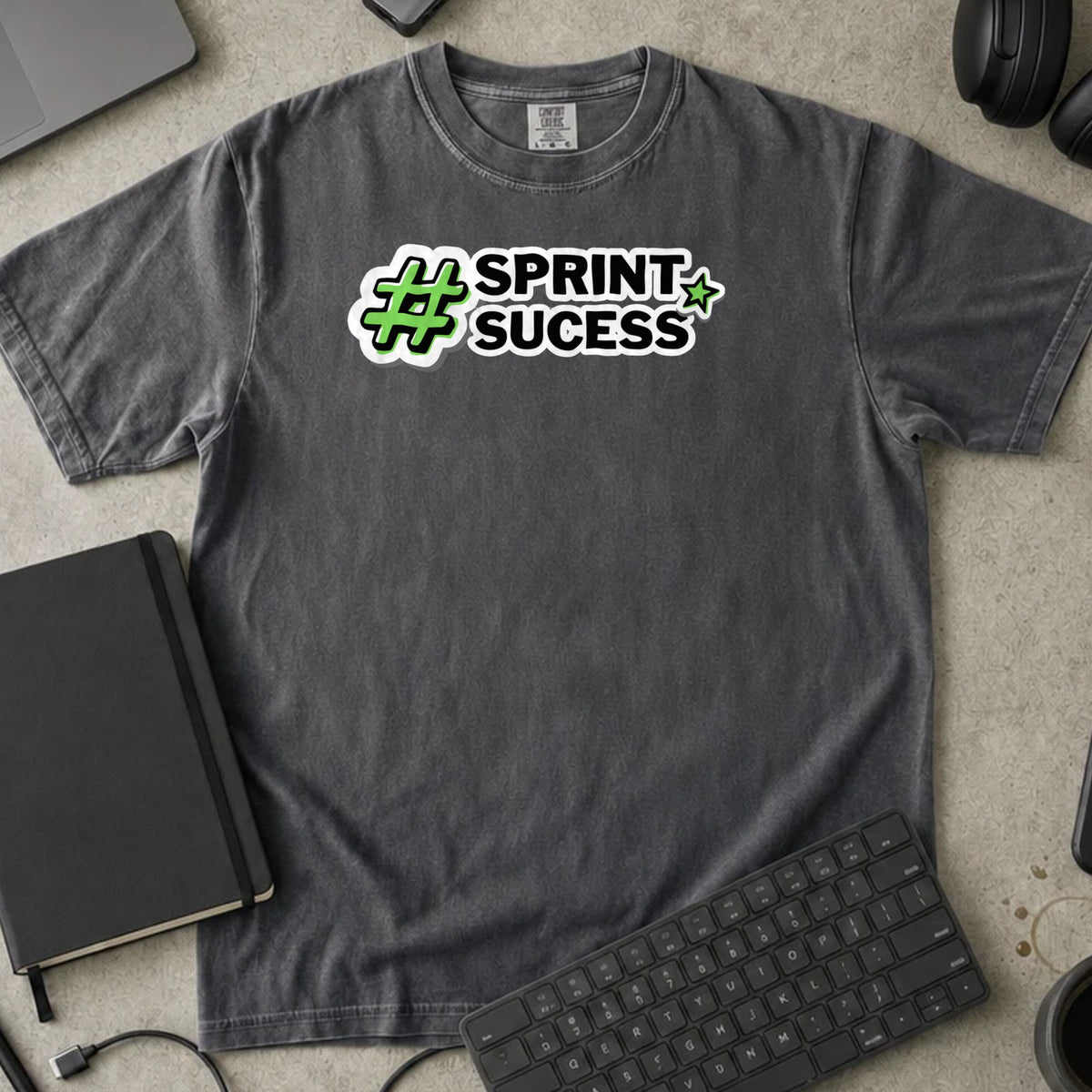 Sprint Success Hashtag Shirt in Pepper, Comfort Colors 1717 tee flat lay
