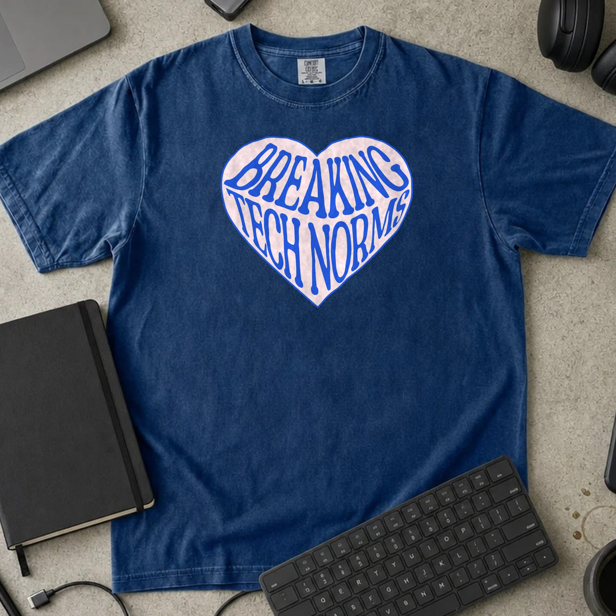 Breaking Tech Norms Shirt in True Navy, Comfort Colors 1717 tee flat lay