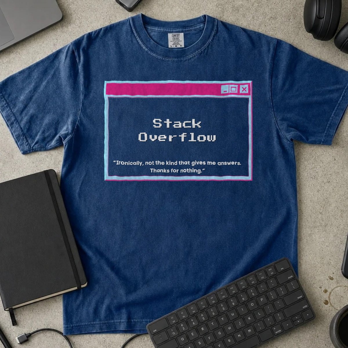 Stack Overflow Error Window Shirt in True Navy, Comfort Colors 1717 tee flat lay