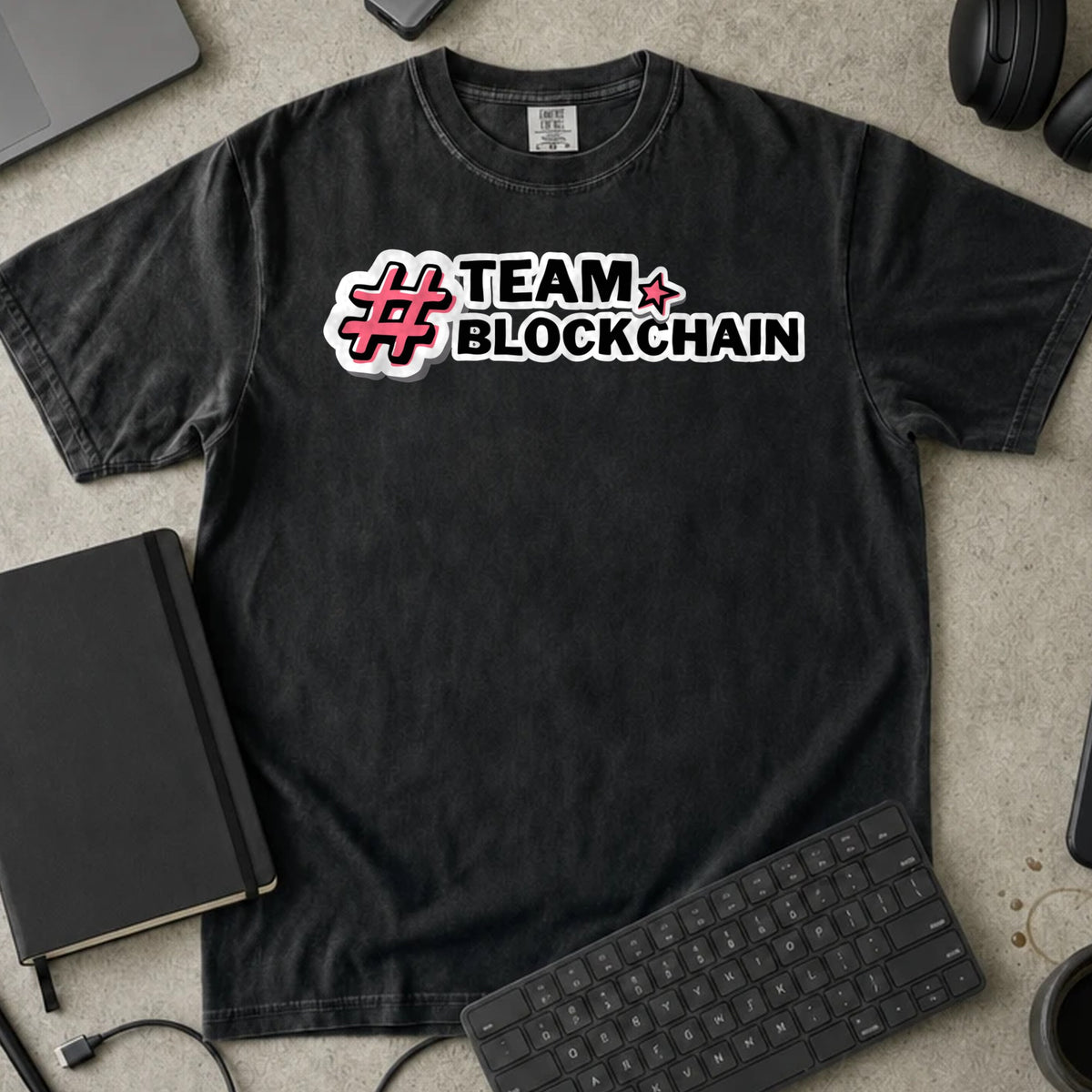 Team Blockchain Shirt in Black, Comfort Colors 1717 tee flat lay