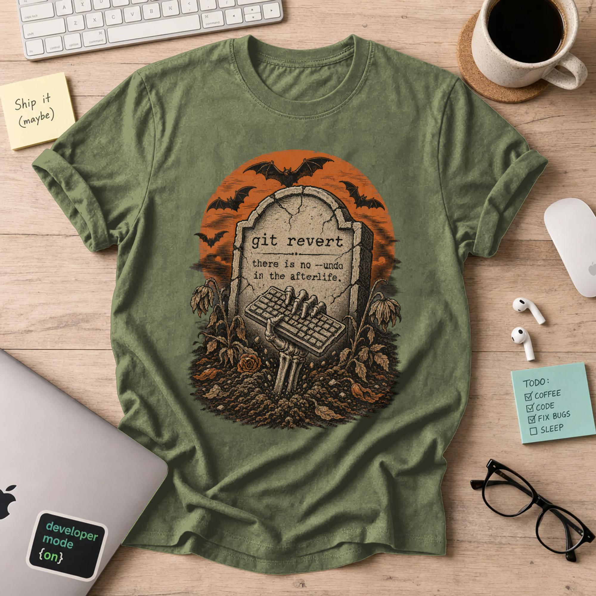 Git Revert: No Undo in the Afterlife Shirt — Military Green