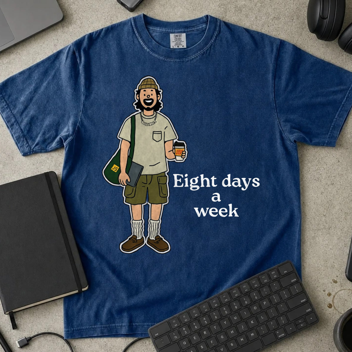 Eight Days a Week Shirt in True Navy, Comfort Colors 1717 tee flat lay
