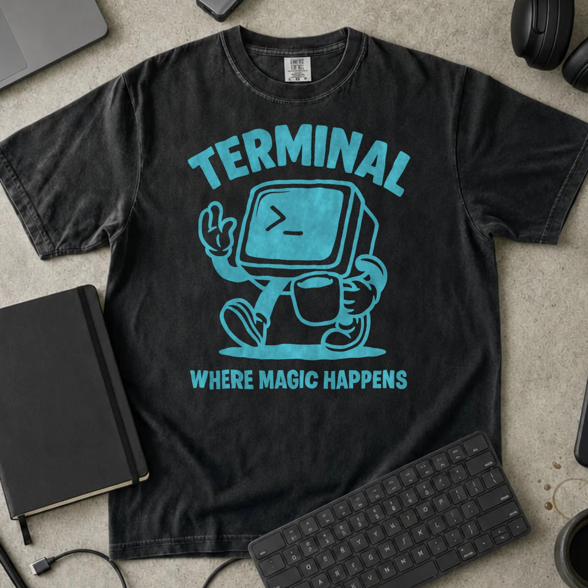 Terminal Where Magic Happens Shirt in Black, Comfort Colors 1717 tee flat lay