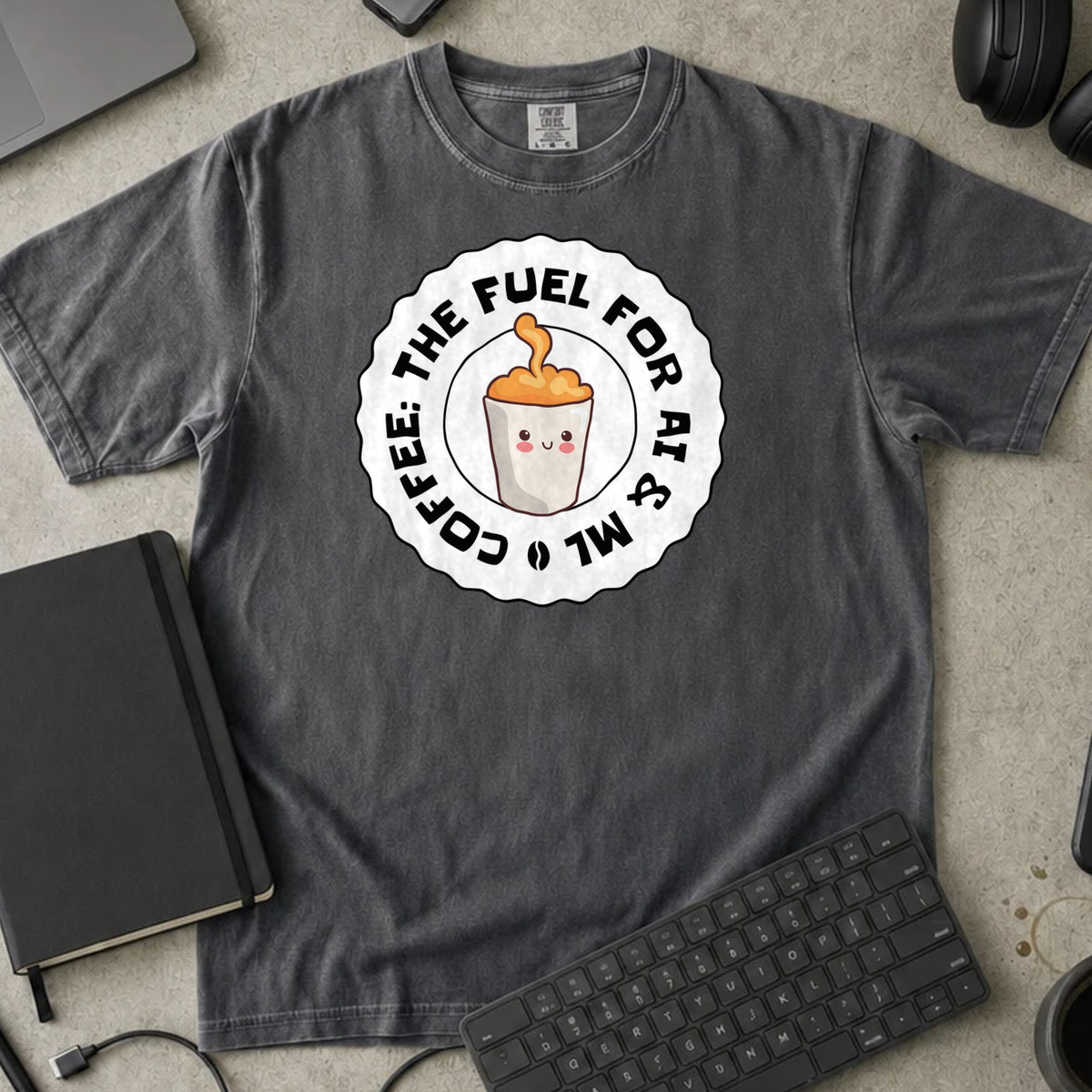 Coffee The Fuel for AI and ML Shirt in Pepper, Comfort Colors 1717 tee flat lay