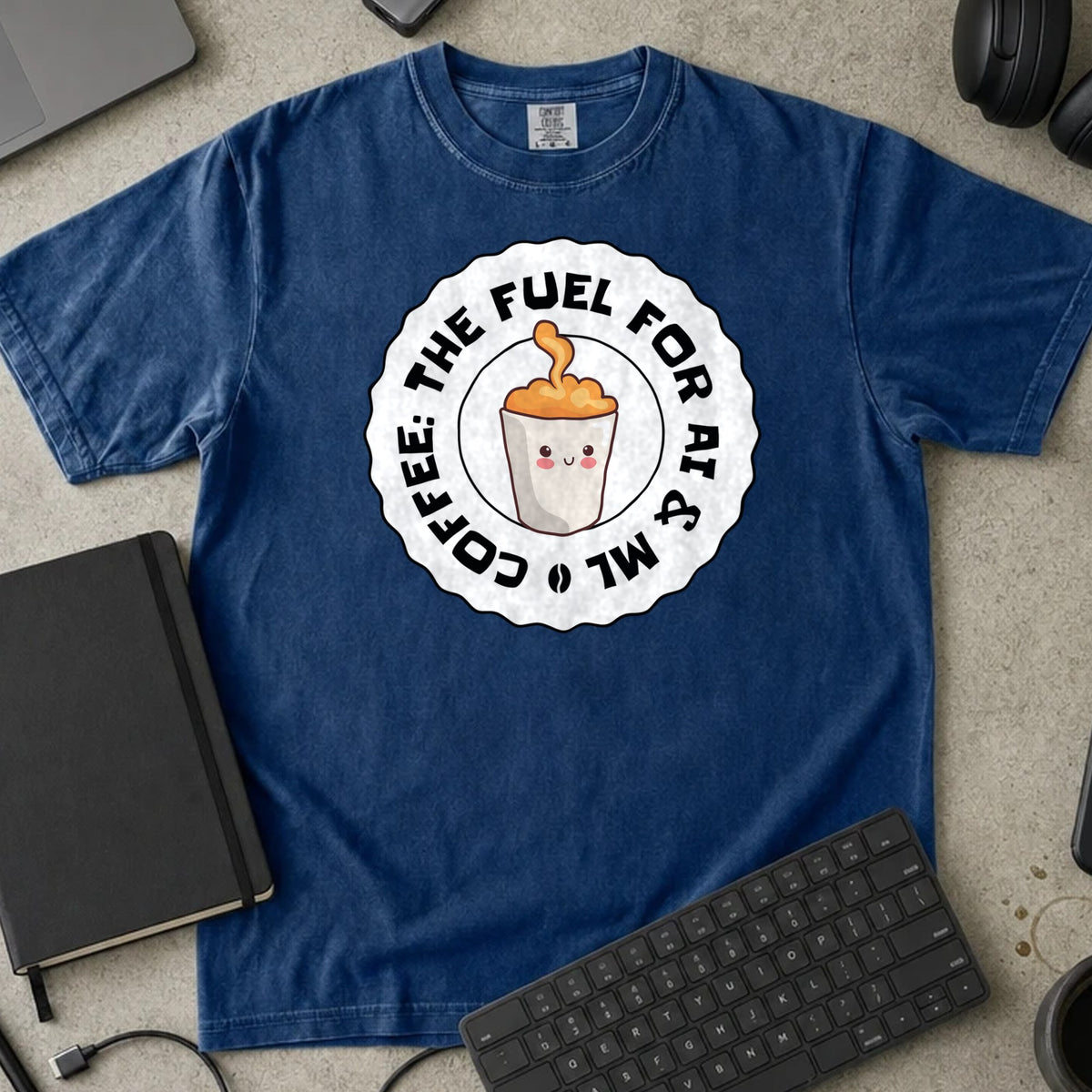 Coffee The Fuel for AI and ML Shirt in True Navy, Comfort Colors 1717 tee flat lay