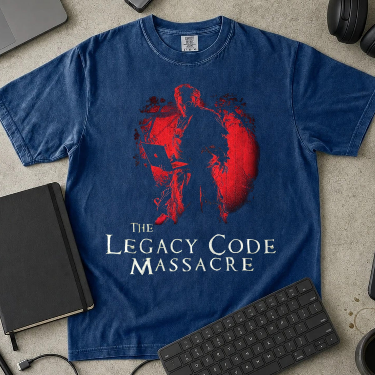 The Legacy Code Massacre Shirt in True Navy, Comfort Colors 1717 tee flat lay