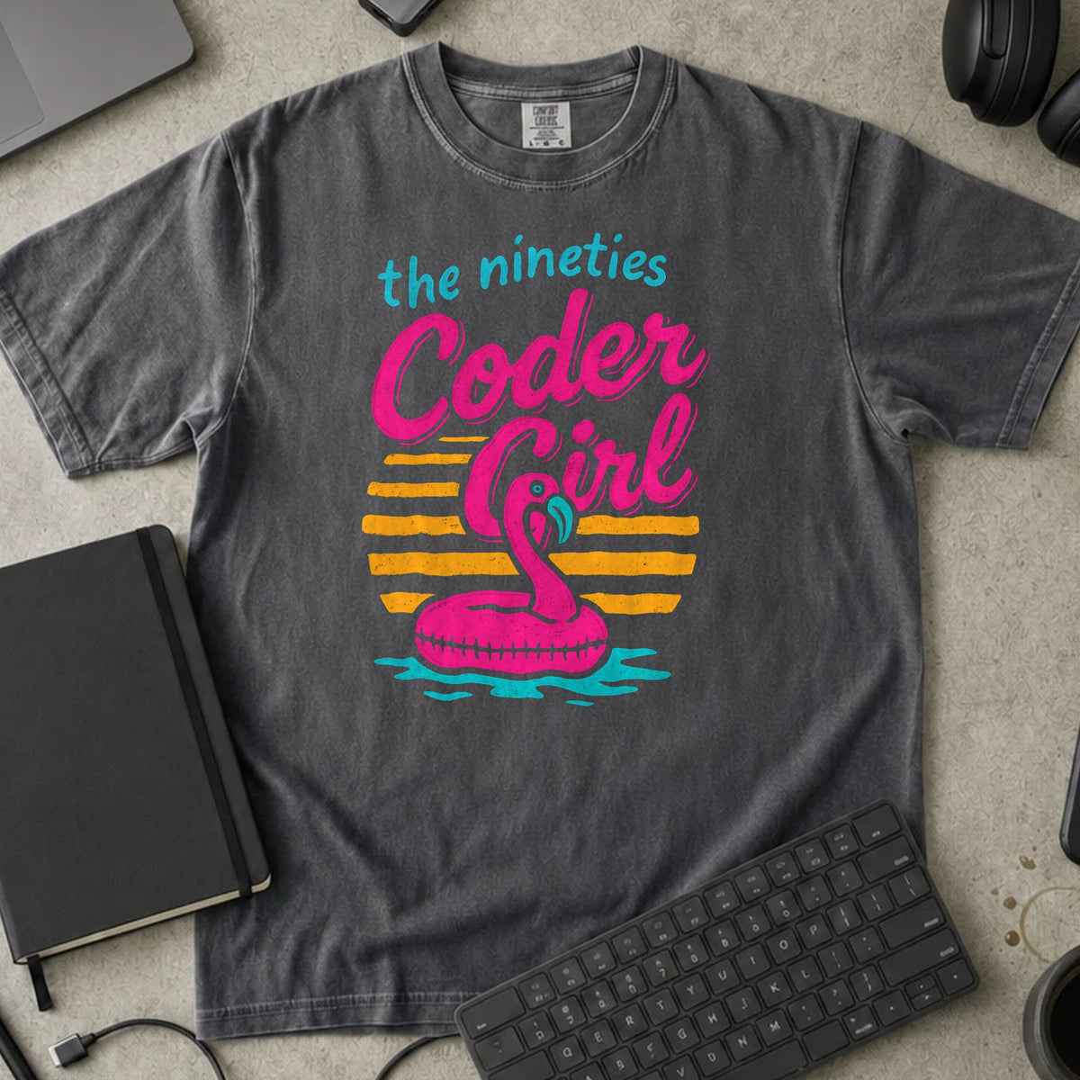 The Nineties Coder Girl Shirt in Pepper, Comfort Colors 1717 tee flat lay