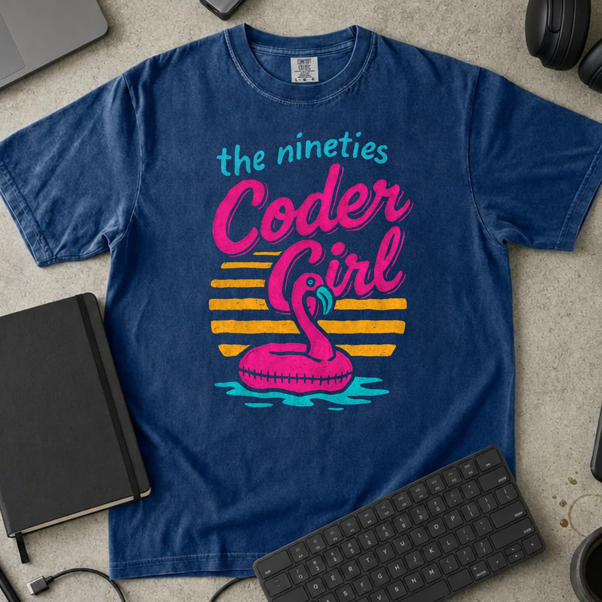 The Nineties Coder Girl Shirt in True Navy, Comfort Colors 1717 tee flat lay