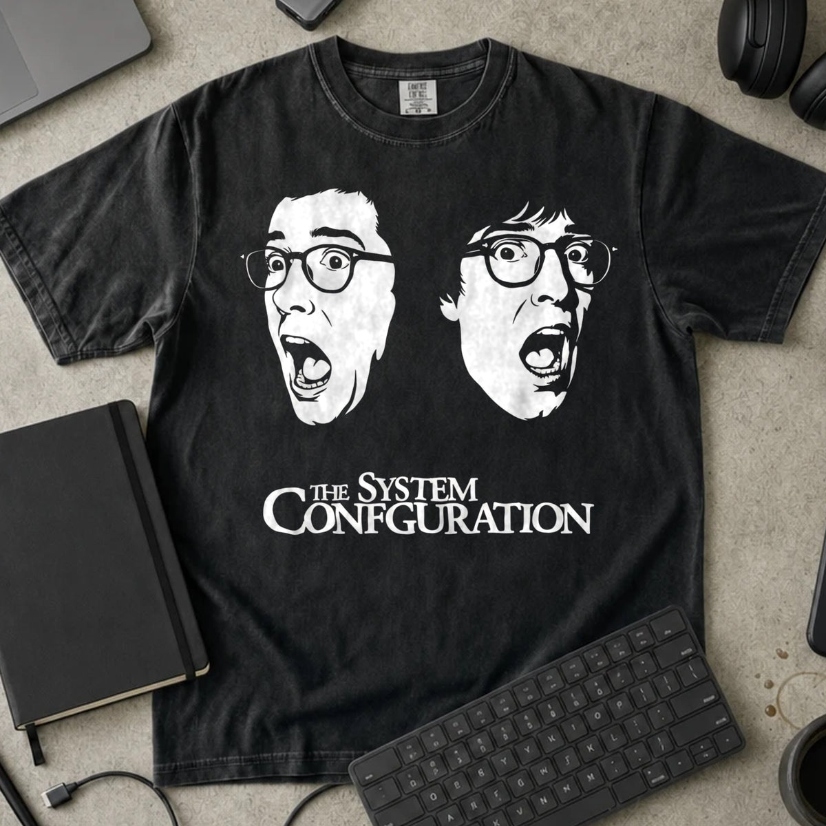 The System Configuration Shirt in Black, Comfort Colors 1717 tee flat lay