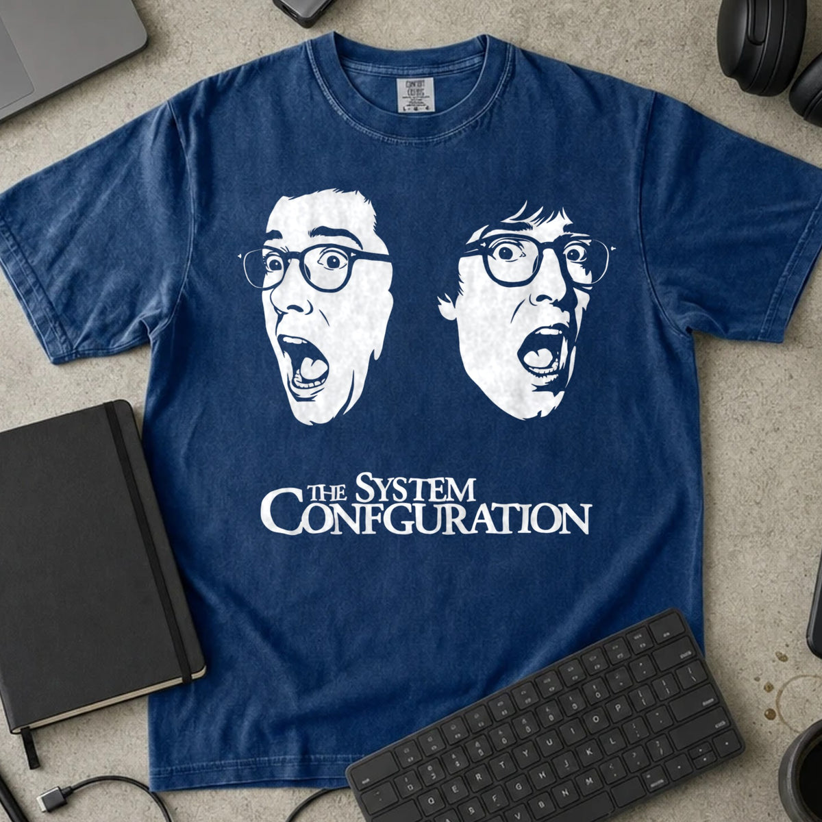 The System Configuration Shirt in True Navy, Comfort Colors 1717 tee flat lay