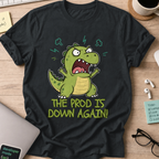 The Prod Is Down Again Cartoon Dinosaur Shirt — Black storefront mockup