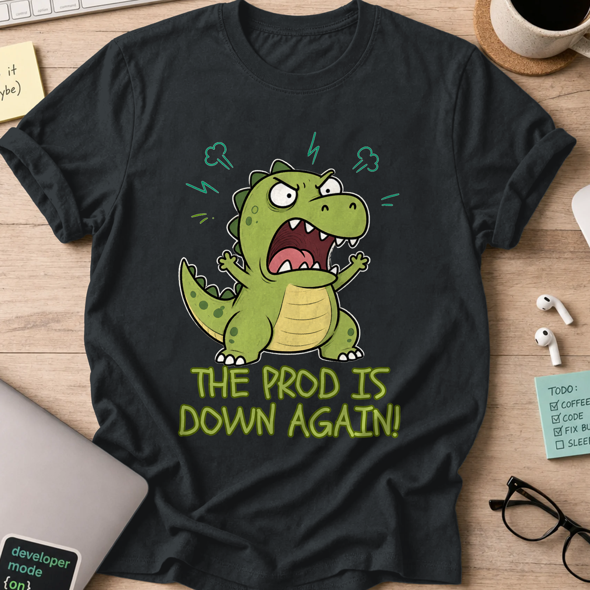The Prod Is Down Again Cartoon Dinosaur Shirt — Black storefront mockup
