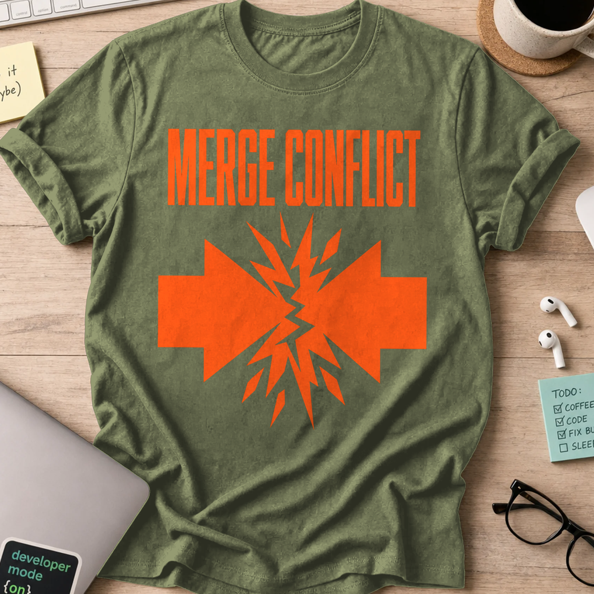 Orange Merge Conflict Shirt — Military Green