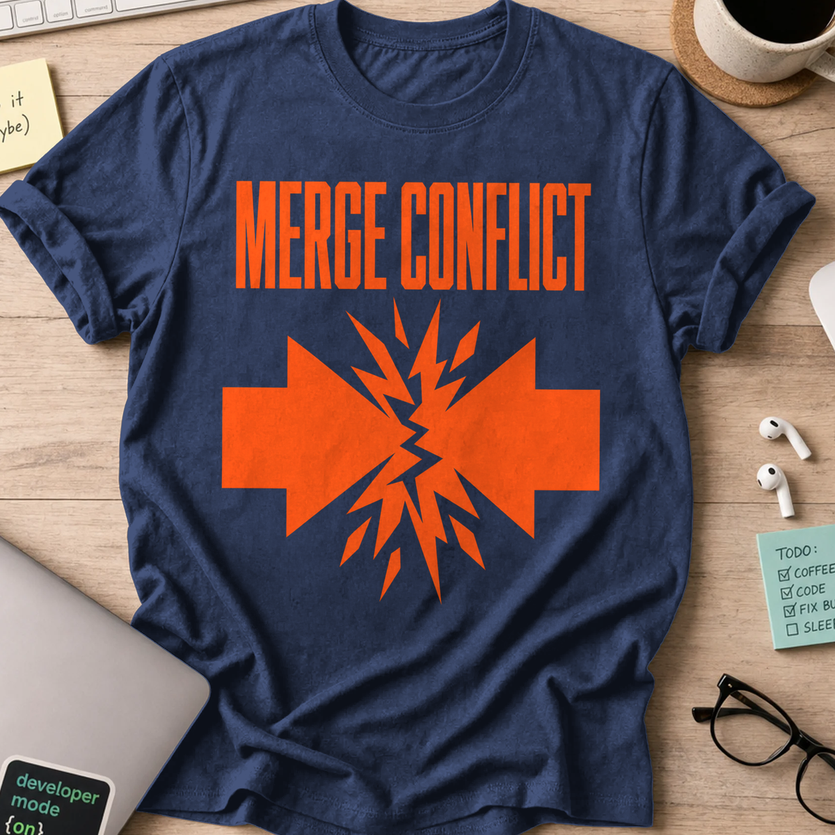 Orange Merge Conflict Shirt — Navy