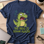 The Prod Is Down Again Cartoon Dinosaur Shirt — Navy storefront mockup