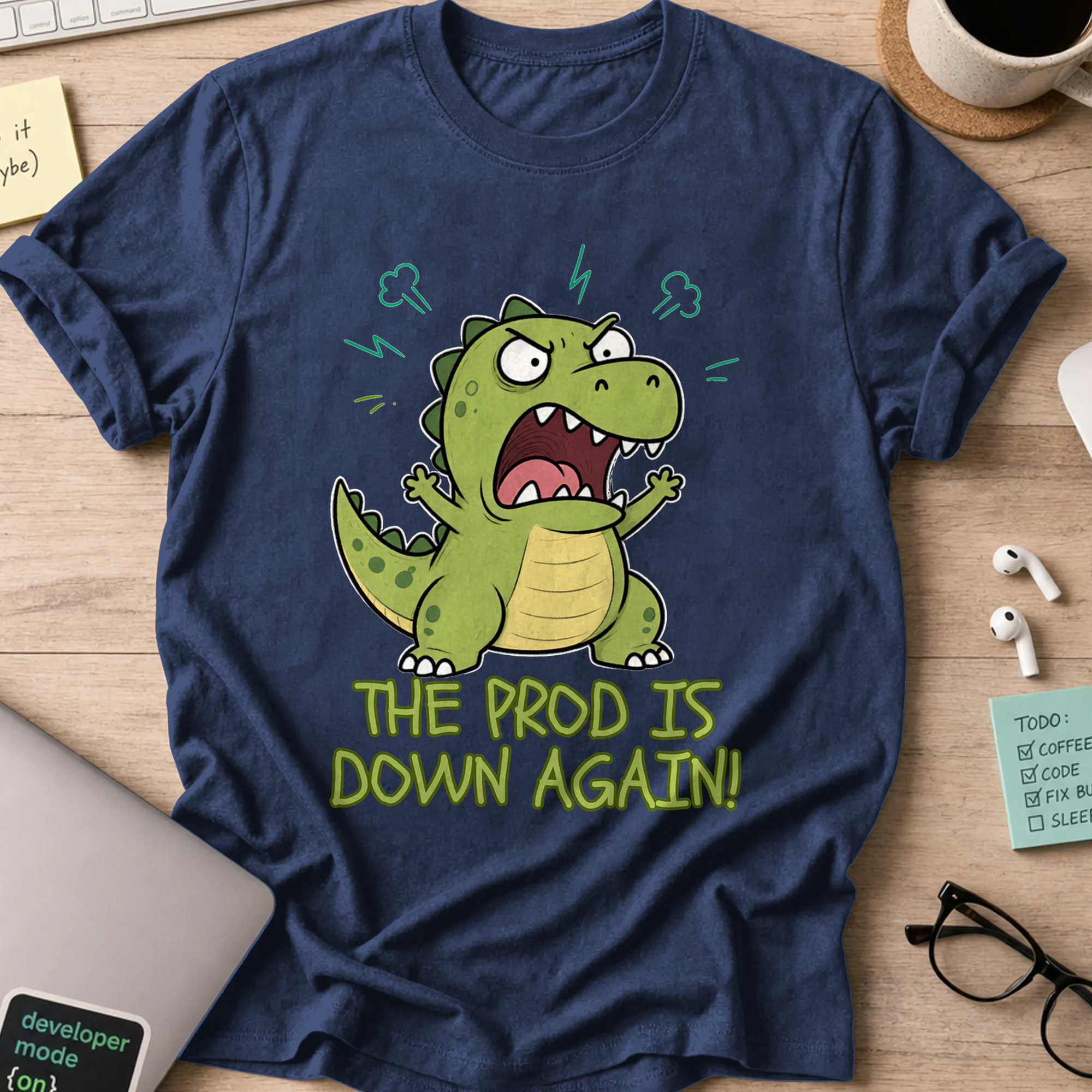 The Prod Is Down Again Cartoon Dinosaur Shirt — Navy storefront mockup