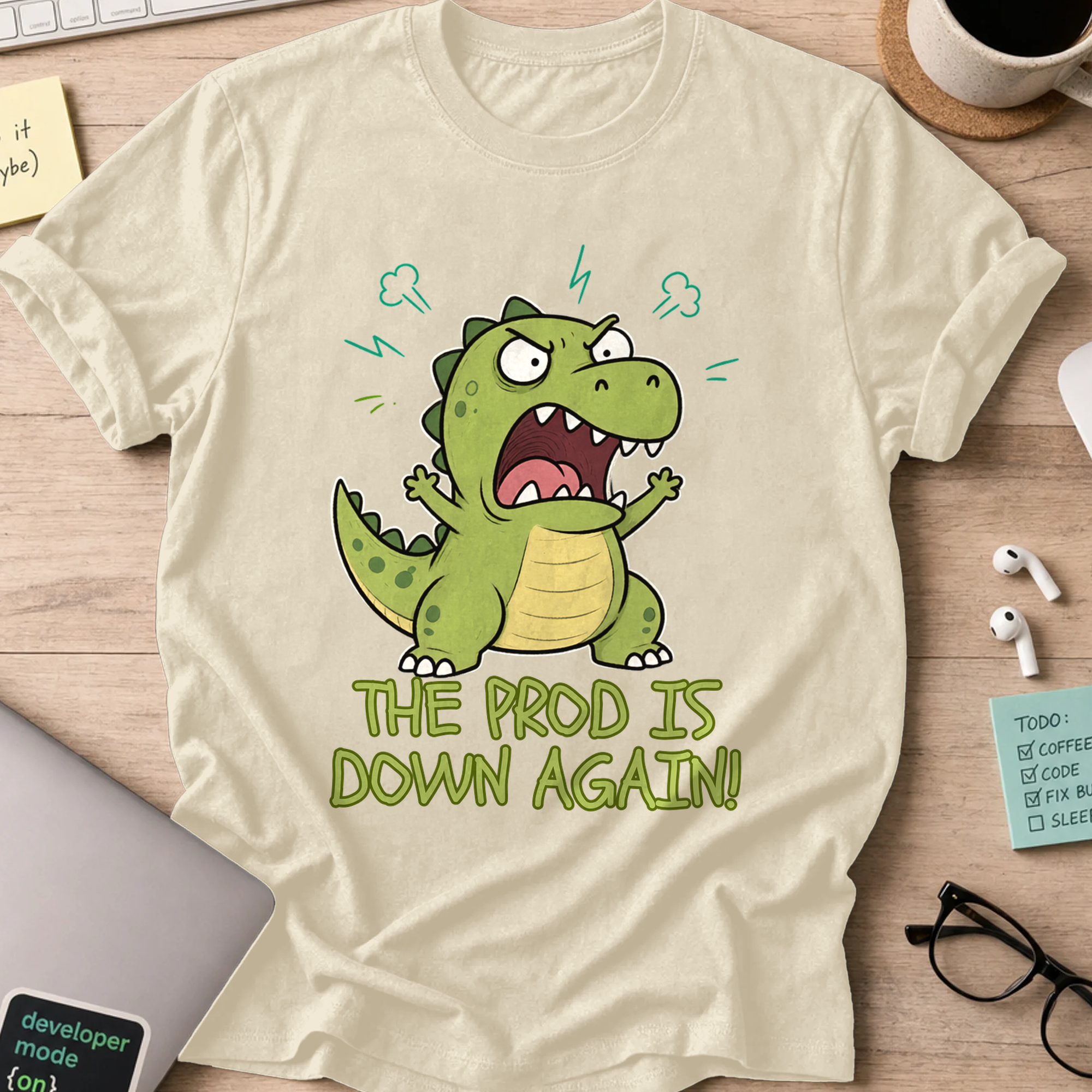 The Prod Is Down Again Cartoon Dinosaur Shirt — Natural storefront mockup