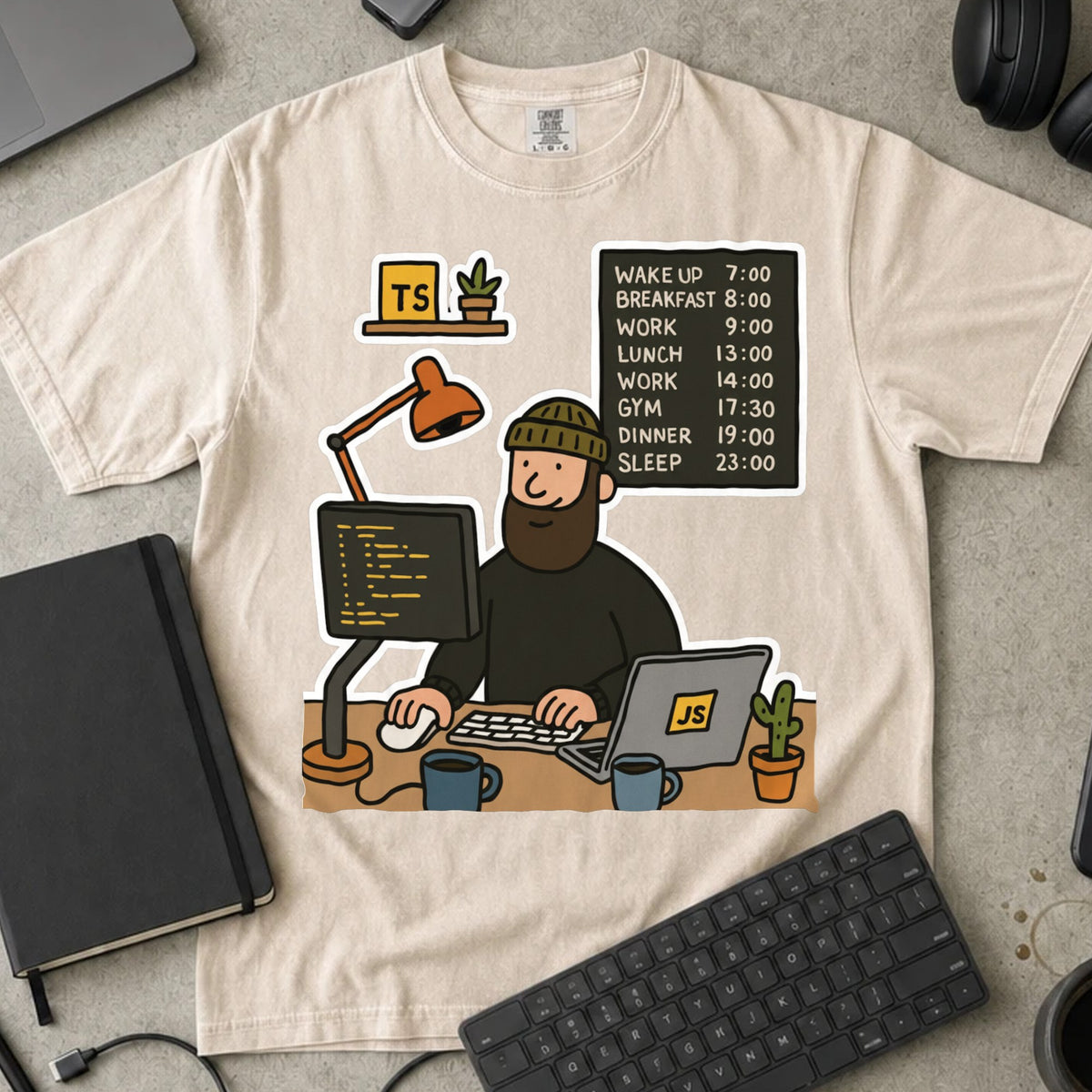 Developer Daily Schedule Shirt in Ivory, Comfort Colors 1717 tee flat lay