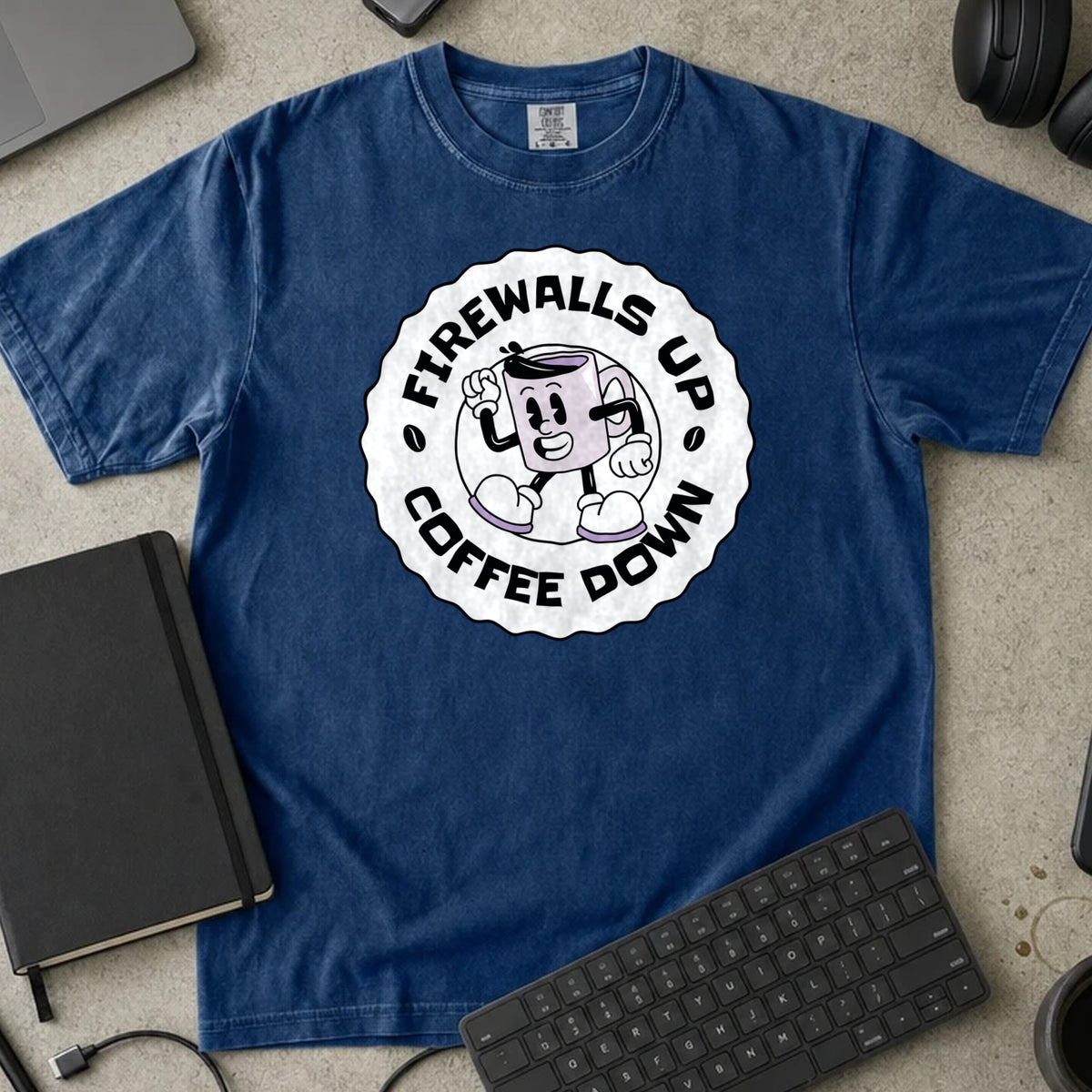 Firewalls Up Coffee Down Shirt in True Navy, Comfort Colors 1717 tee flat lay