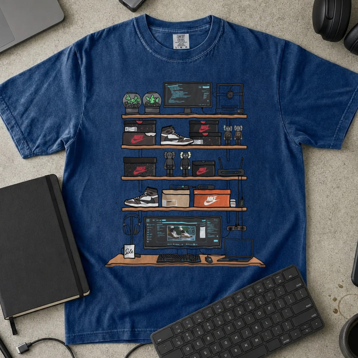 Sneakerhead Developer Setup Shirt in True Navy, Comfort Colors 1717 tee flat lay
