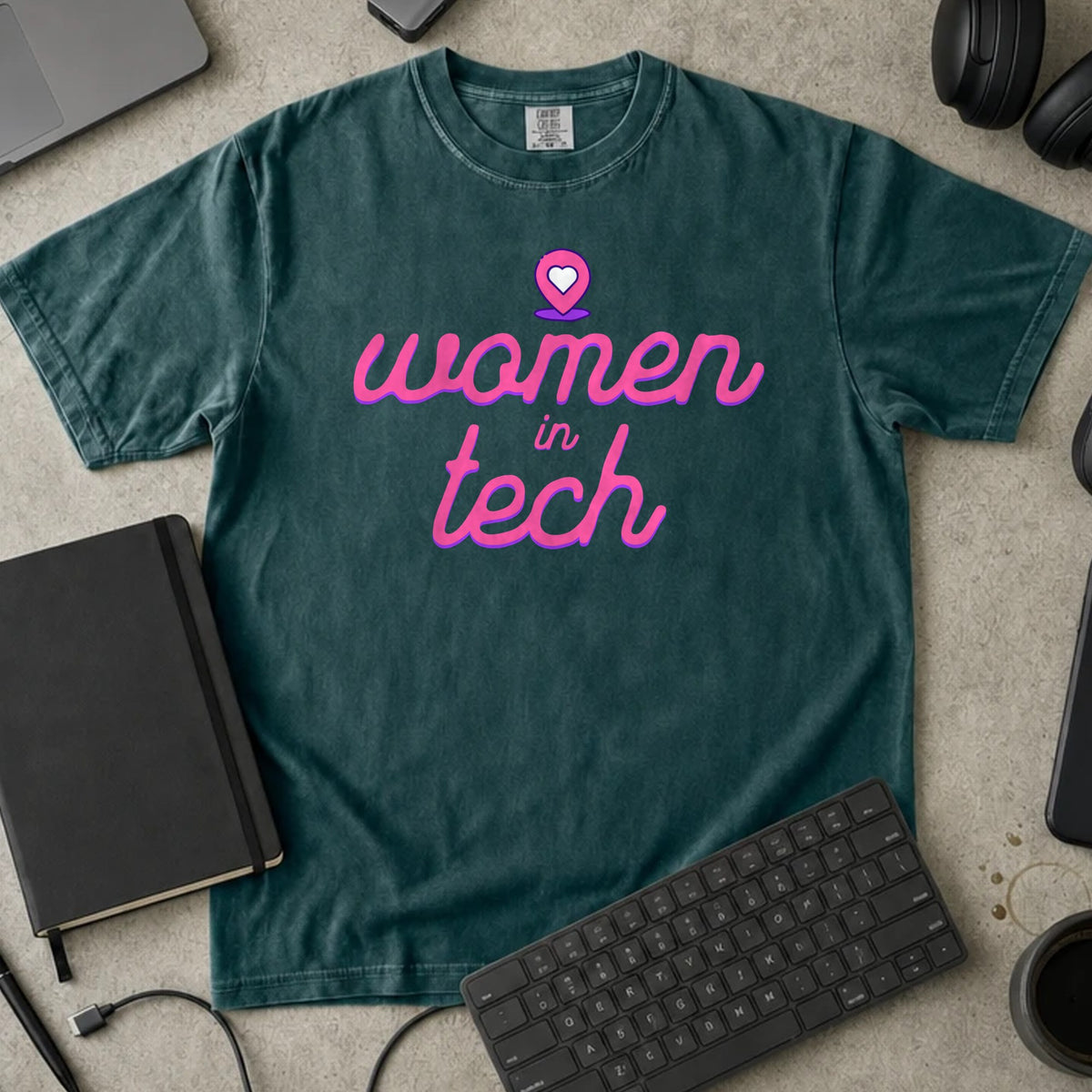 Women in Tech Script Shirt in Blue Spruce, Comfort Colors 1717 tee flat lay