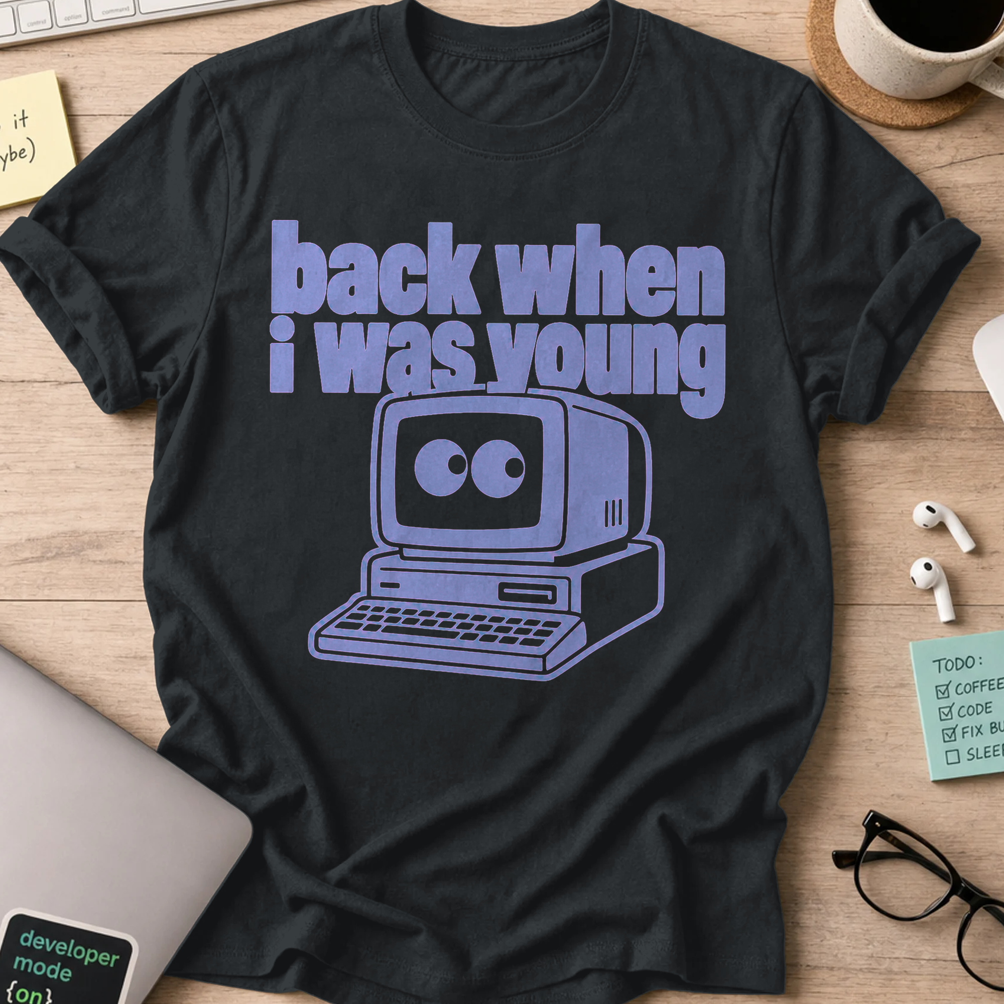 Back When I Was Young Retro Computer Shirt — Black storefront mockup