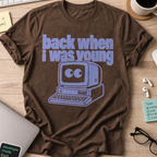Back When I Was Young Retro Computer Shirt — Dark Chocolate storefront mockup