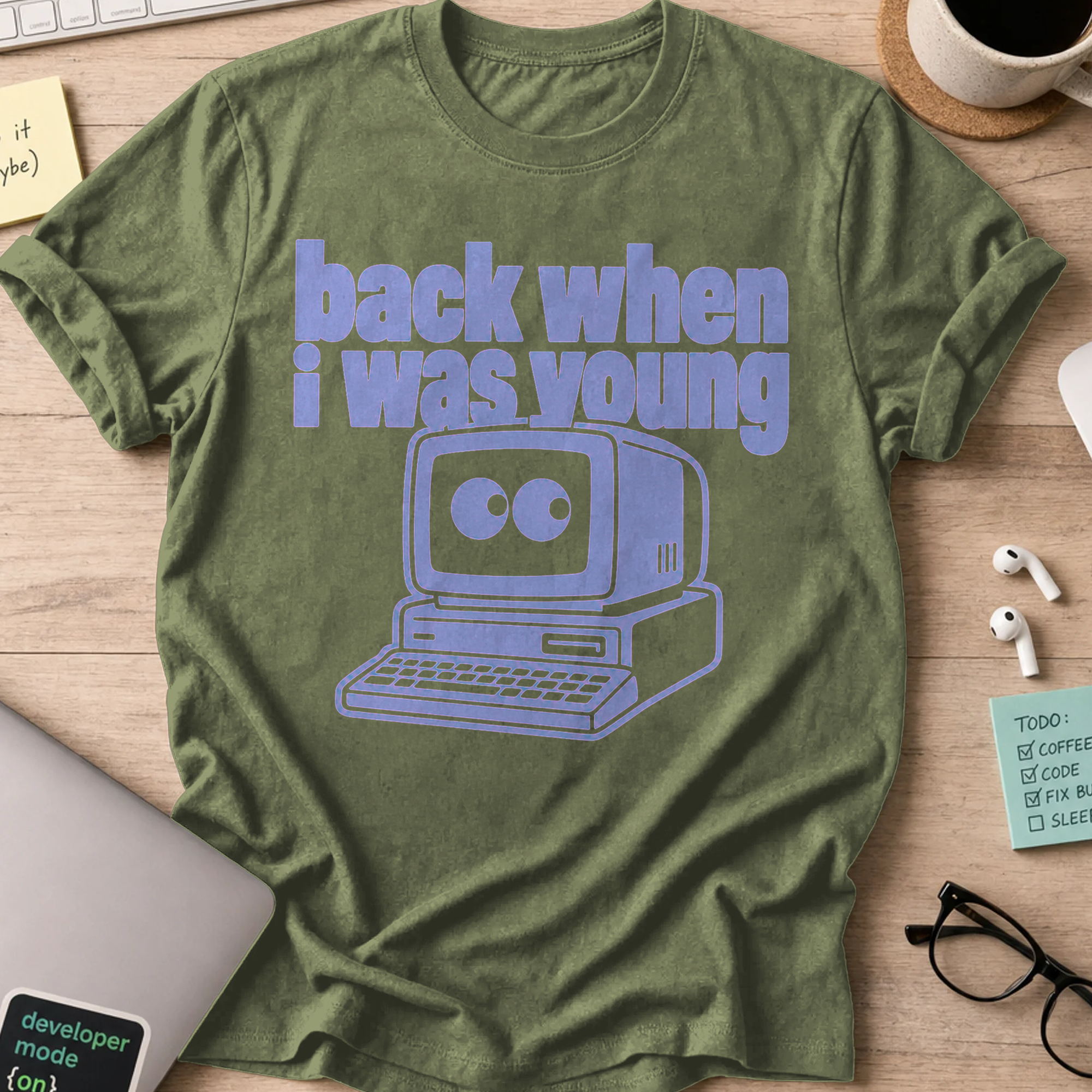 Back When I Was Young Retro Computer Shirt — Military Green storefront mockup